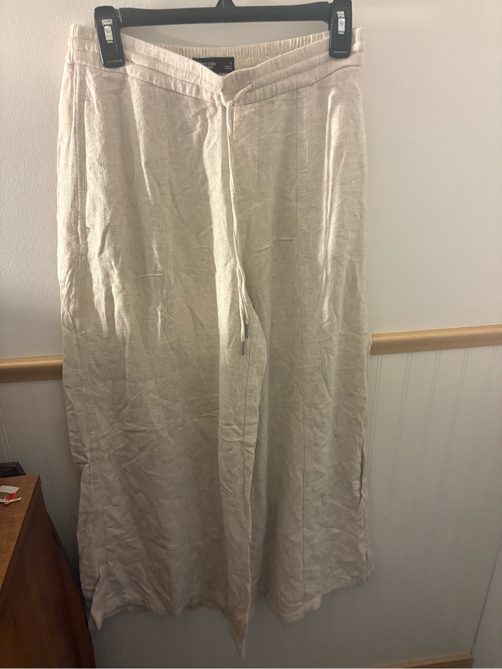 Simply Vera Vera Wang S Beige Linen Blend Wide Leg Drawstring Pants